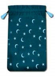 Blue drawstring bag with star and moon pattern on a white background