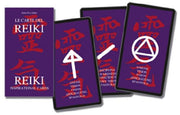 Set of Reiki cards with purple backgrounds and red and white symbols.