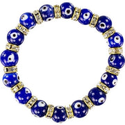 Blue beaded bracelet with gold accents on a white background