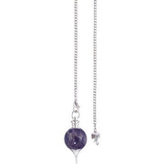Pendulum with a purple bead and silver chain on a white background