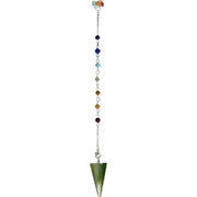 Decorative hanging chain with colored beads and a green cone-shaped object on a white background