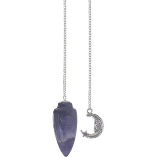 Pendulum with a purple pendant and silver moon charm on white background