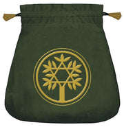 Green drawstring bag with a gold tree emblem on a white background