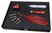 Calligraphic ritual set with red feather pen, ink bottle, and tools in a black box.