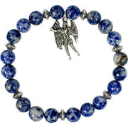 Blue beaded bracelet with a silver archangel Michael charm on a white background