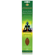 Chakras incense sticks packaging with a green background and silhouette of a person with chakra colors.