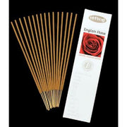 Incense sticks with their packaging labeled 'English Rose' on a black background