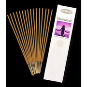 Incense sticks with their packaging labeled 'Meditation' on a black background