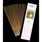 Incense sticks with their packaging labeled 'Patchouli' on a black background