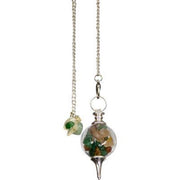 Decorative hanging pendulum with glass sphere and chain on a white background