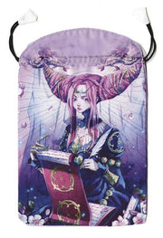 Drawstring bag with an anime-style character holding a book on a purple background