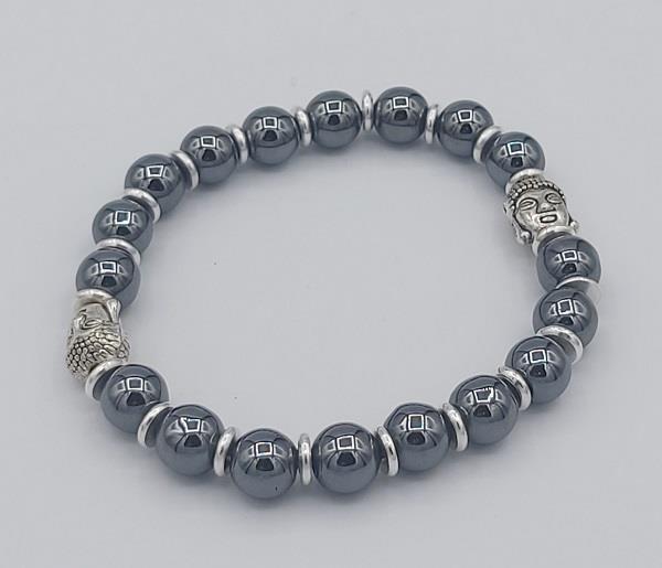 8mm Bracelet Hematite 2 Buddha Heads | Earthworks 