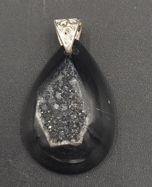 Pendant Black Druzy Quartz Sterling SIlver