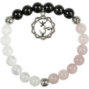 Bracelet with black, white, and pink beads and a silver Om symbol charm on a white background