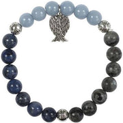 Bracelet with blue, gray, and silver beads on a white background