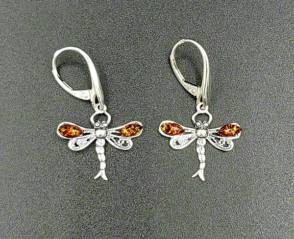 Earrings Amber Dragonfly Sterling Silver