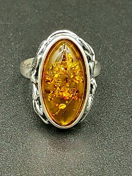 Ring Amber Almond Size 7.5 Sterling Silver