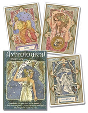 Four astrological oracle cards with decorative designs and text on a white background.