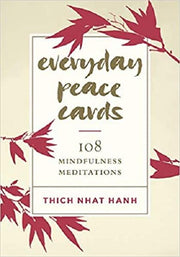 Book cover of 'Everyday Peace Cards' with mindfulness meditations by Thich Nhat Hanh, featuring red leaf designs on a beige background.