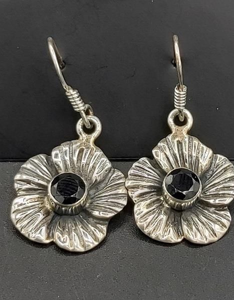 Earrings Black Onyx Flower Sterling Silver
