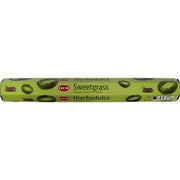 Green packaging of HEM Sweetgrass Incense on a white background