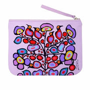 Colorful floral design on a pink pouch with a white background