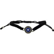 Black braided bracelet with a blue and white eye charm on a white background