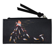 Black pouch with a painted design of a woman and feathers on a white background