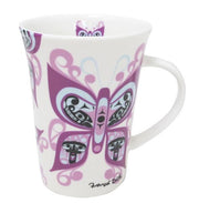 A white ceramic mug with a purple and pink butterfly design on white background