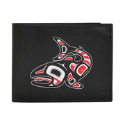 Black wallet with a red and white tribal design on a white background