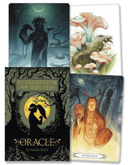Four cards from an Oracle deck with mystical designs and text.